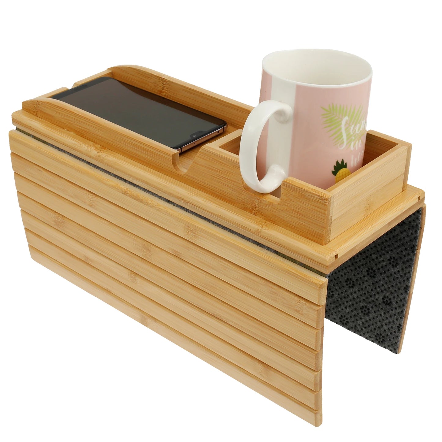 Bamboo Couch Cup Holder Tray – Foldable Sofa Armrest Table with Non-Slip Back | Eco-Friendly Sofa Organizer