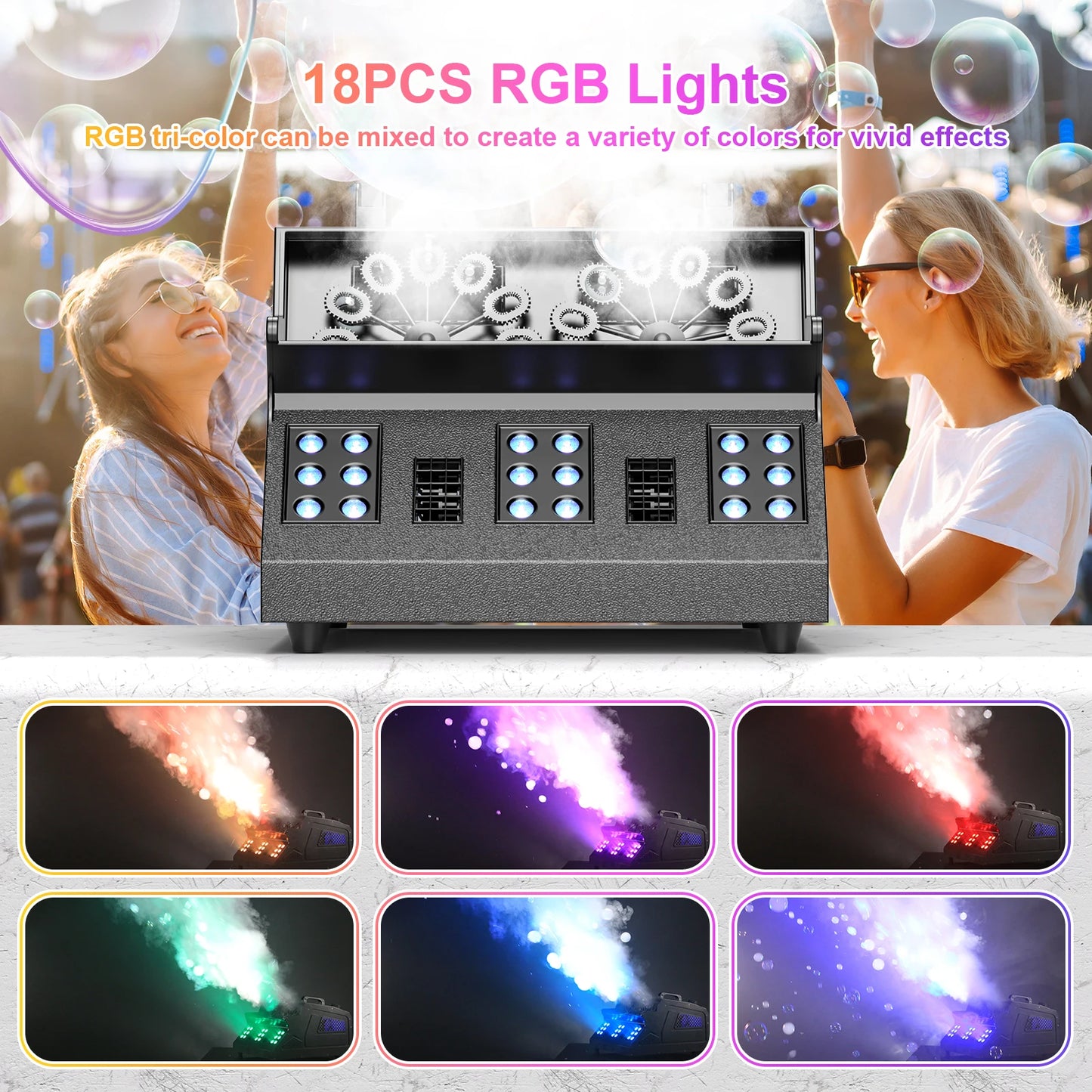 1500W RGB Smoke Bubble Machine with DMX Control – 18-LED Fog & Bubble Fogger for DJ, Party, Wedding, Halloween Stage Effects