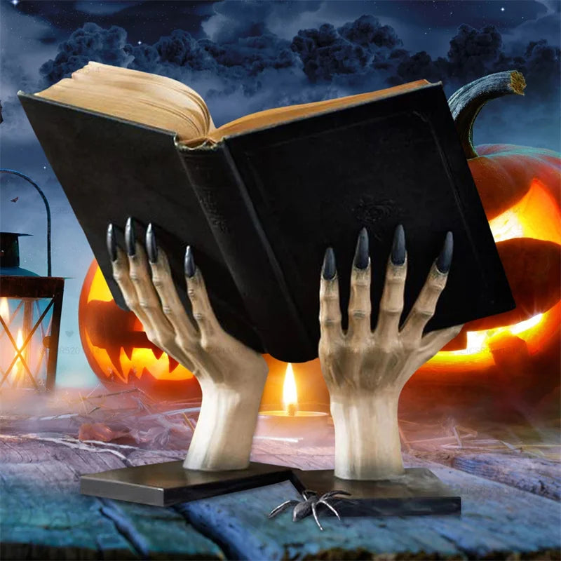 Halloween Witch Hand Bookends – Spooky Resin Book Stand & Table Decor