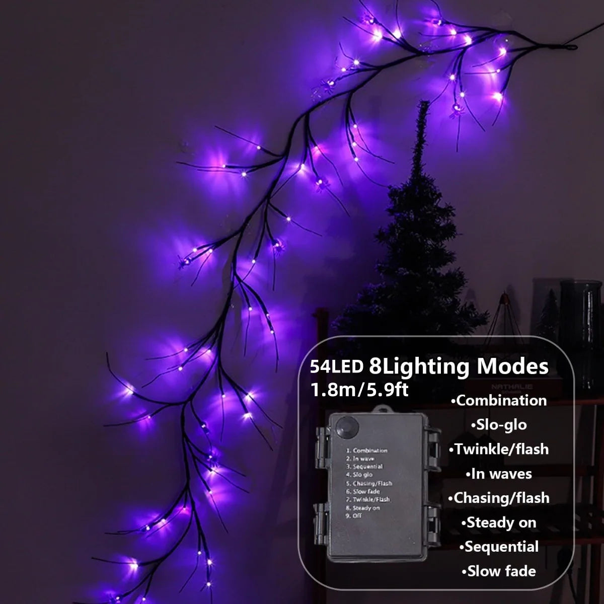 54 LED Halloween Willow Vine Lights – Purple DIY Rattan Garland | Battery Powered Indoor & Outdoor Decor