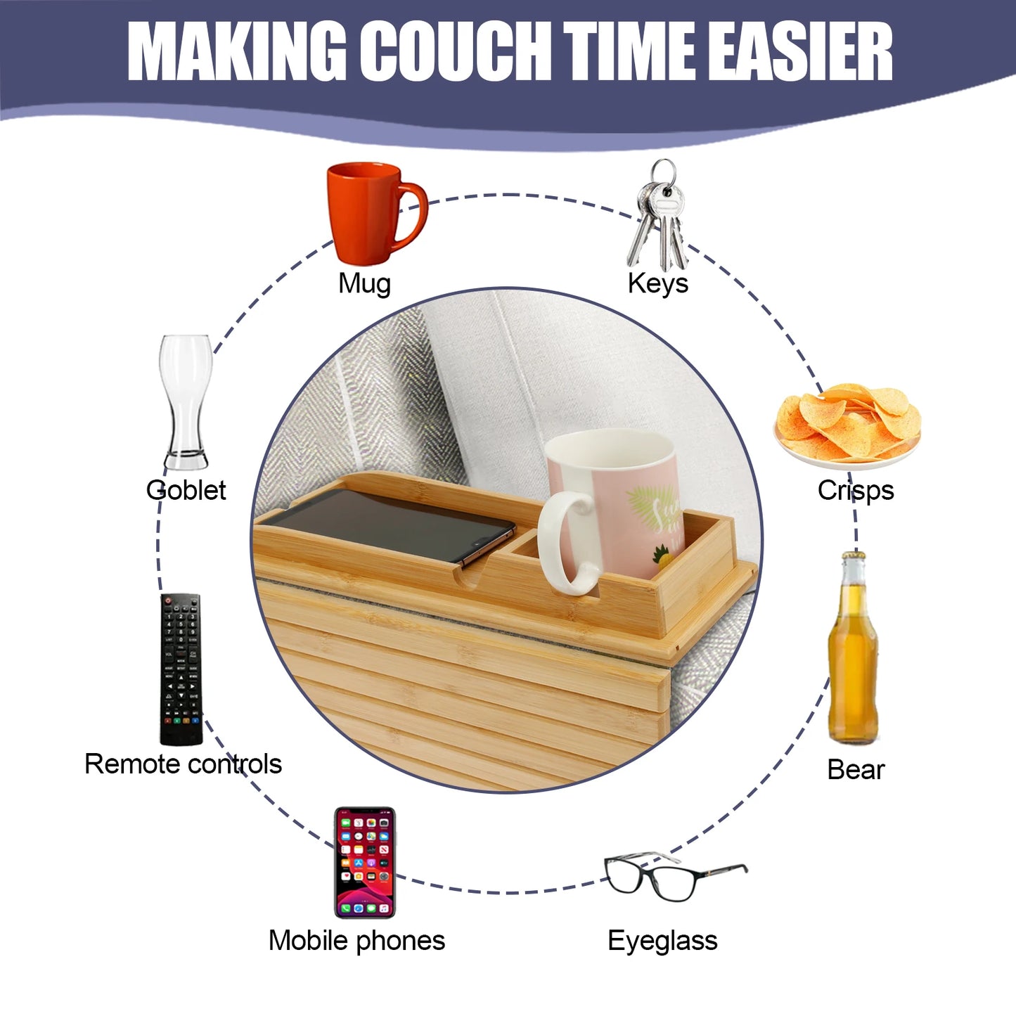 Bamboo Couch Cup Holder Tray – Foldable Sofa Armrest Table with Non-Slip Back | Eco-Friendly Sofa Organizer