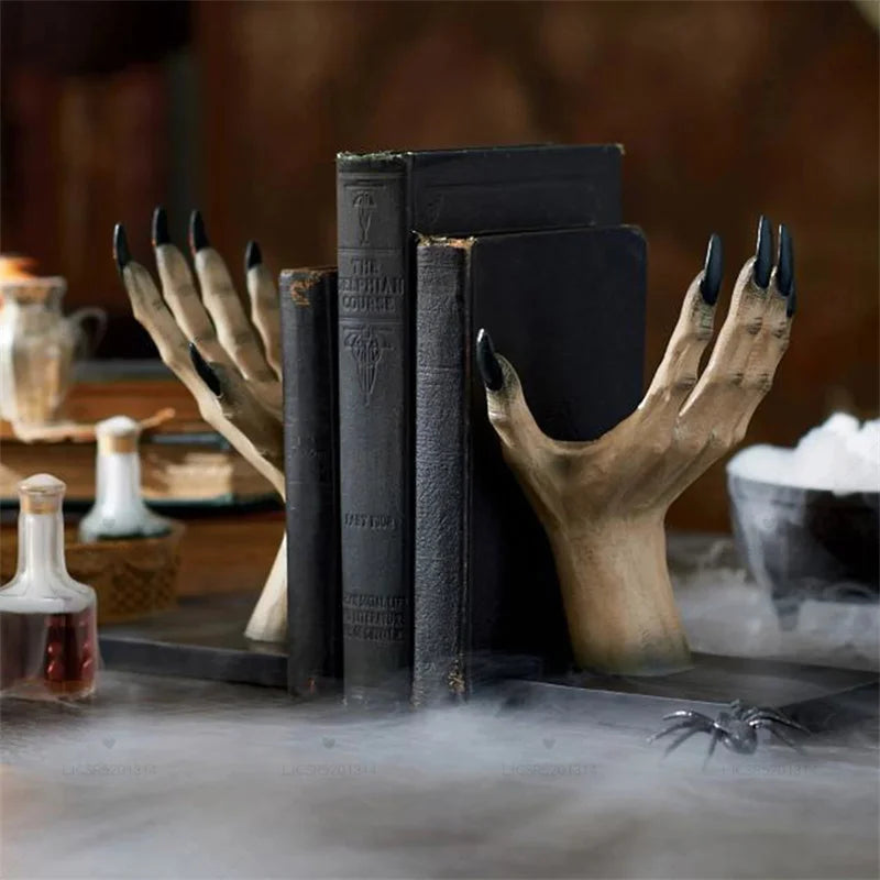 Halloween Witch Hand Bookends – Spooky Resin Book Stand & Table Decor
