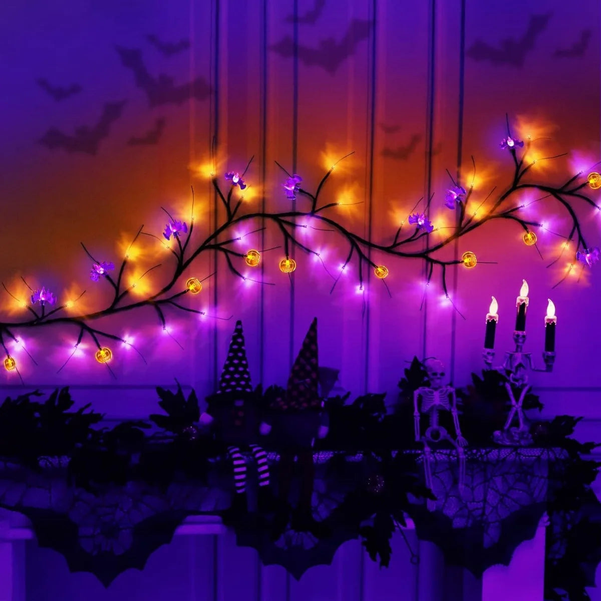 1.8M (5.10ft) LED Halloween Vine Lights – Black Willow Twig with Pumpkins & Bats | Battery Operated Decor