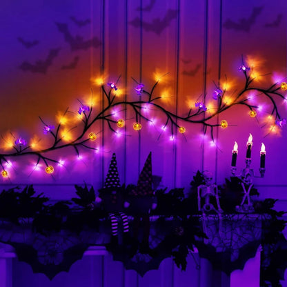 1.8M (5.10ft) LED Halloween Vine Lights – Black Willow Twig with Pumpkins & Bats | Battery Operated Decor