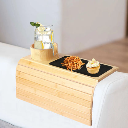 Bamboo Couch Cup Holder Tray – Foldable Sofa Armrest Table with Non-Slip Back | Eco-Friendly Sofa Organizer