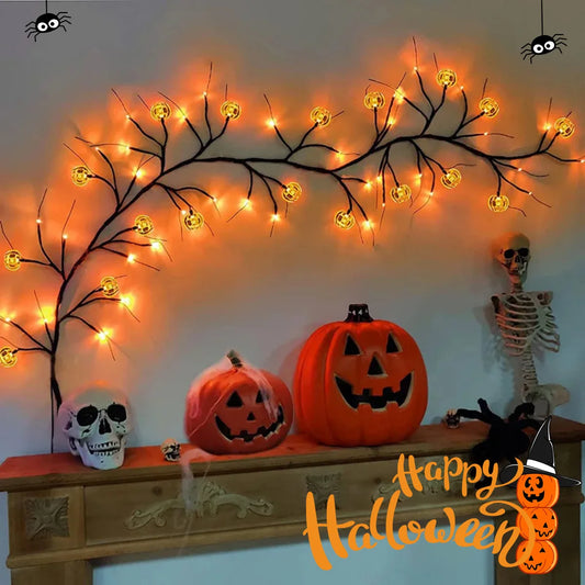 1.8M (5.10ft) Halloween Pumpkin String Lights – 54LED Black Willow Vine | Battery Operated Garland Decor