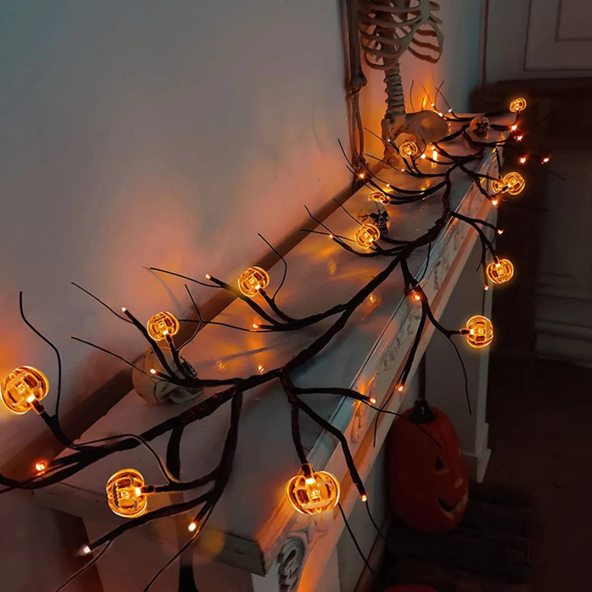 1.8M (5.10ft) Halloween Pumpkin String Lights – 54LED Black Willow Vine | Battery Operated Garland Decor