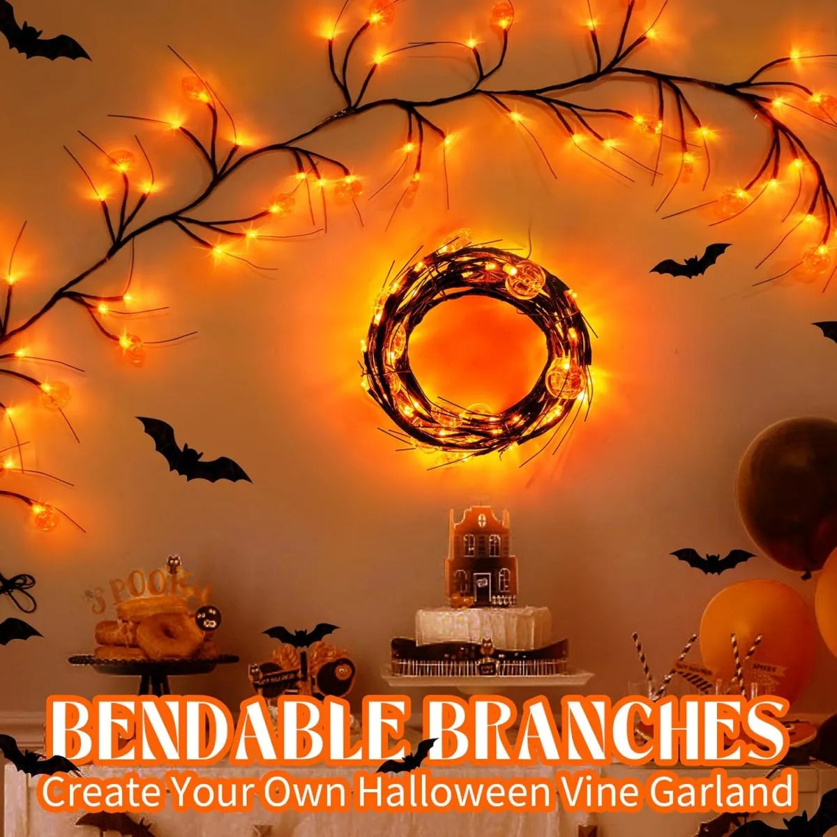 1.8M (5.10ft) Halloween Pumpkin String Lights – 54LED Black Willow Vine | Battery Operated Garland Decor