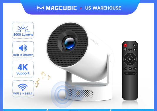 Magcubic HY300 Pro + Projector, white in color with a remote control, highlighting features such as 8000 lumens, 4K support, WiFi 6, and 3D delivery. The projecter is advertised as being in the US warehouse for fast shipping.