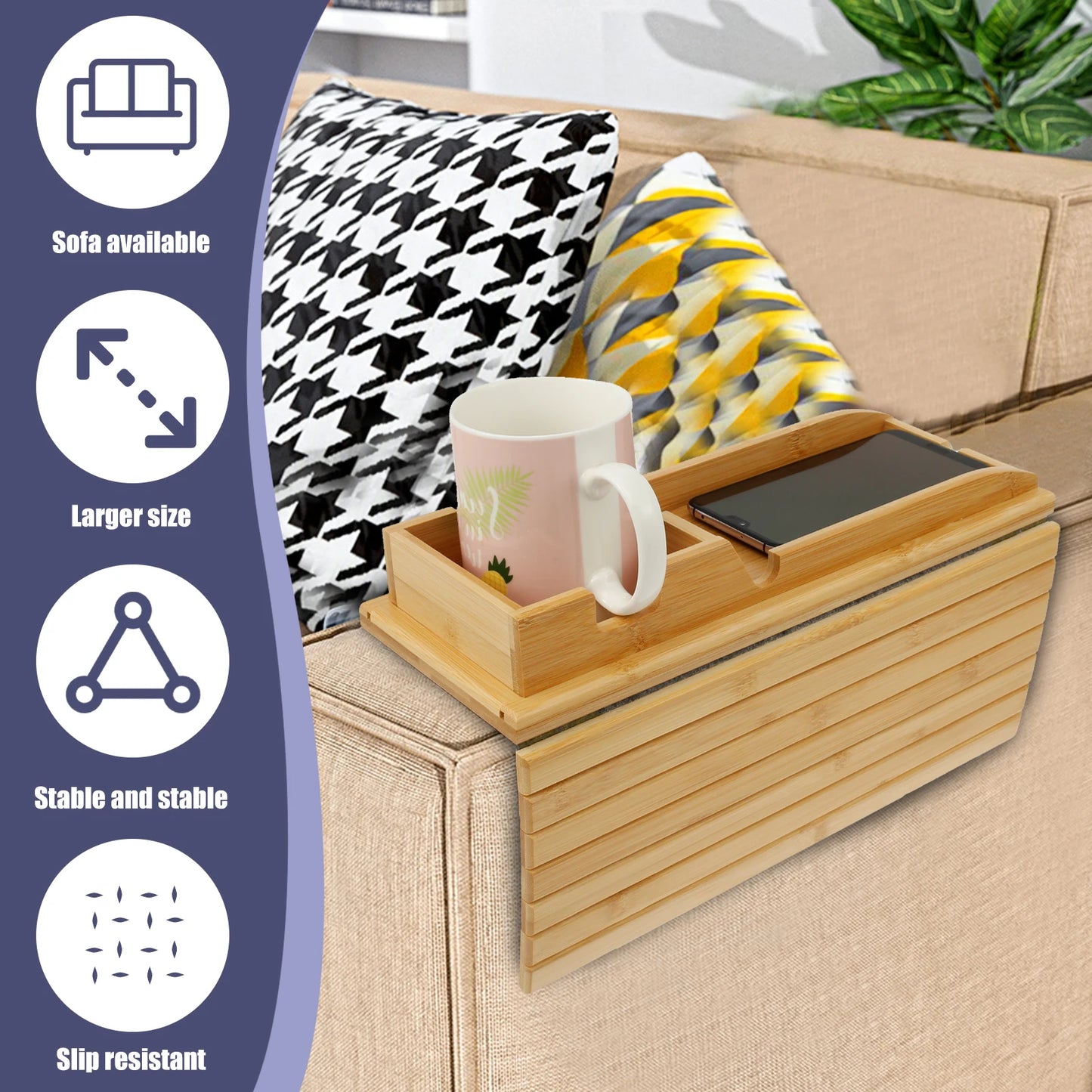 Bamboo Couch Cup Holder Tray – Foldable Sofa Armrest Table with Non-Slip Back | Eco-Friendly Sofa Organizer