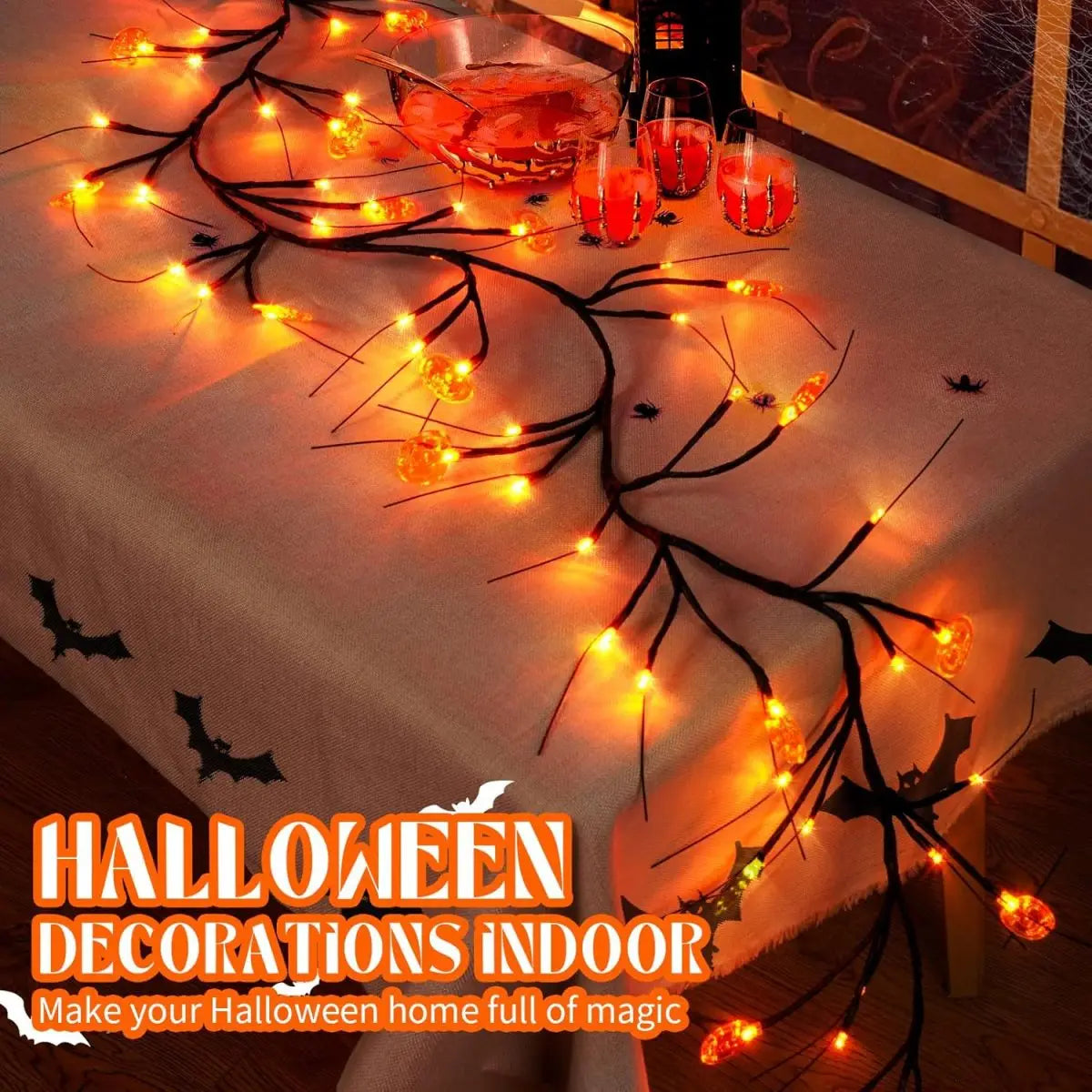 1.8M (5.10ft) Halloween Pumpkin String Lights – 54LED Black Willow Vine | Battery Operated Garland Decor