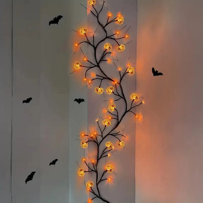 1.8M (5.10ft) Halloween Pumpkin String Lights – 54LED Black Willow Vine | Battery Operated Garland Decor