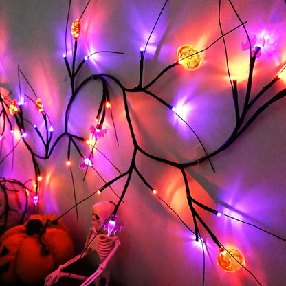 1.8M (5.10ft) LED Halloween Vine Lights – Black Willow Twig with Pumpkins & Bats | Battery Operated Decor