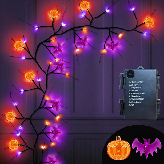 1.8M (5.10ft) LED Halloween Vine Lights – Black Willow Twig with Pumpkins & Bats | Battery Operated Decor