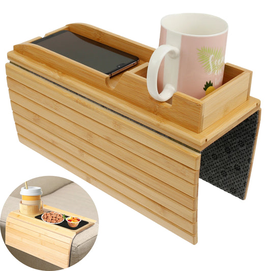 Bamboo Couch Cup Holder Tray – Foldable Sofa Armrest Table with Non-Slip Back | Eco-Friendly Sofa Organizer
