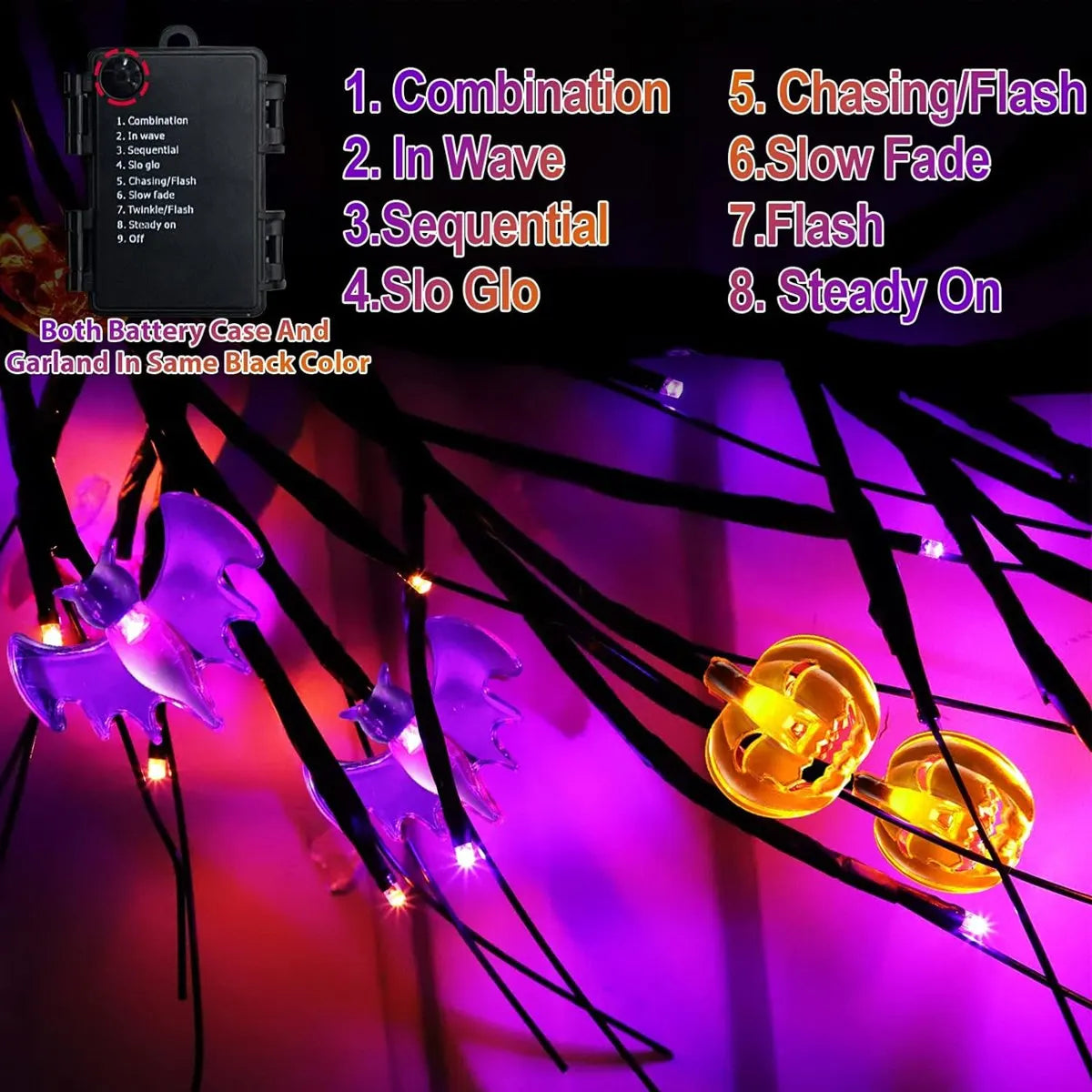 1.8M (5.10ft) LED Halloween Vine Lights – Black Willow Twig with Pumpkins & Bats | Battery Operated Decor