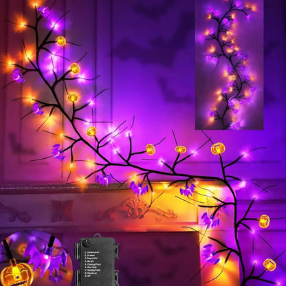 1.8M (5.10ft) LED Halloween Vine Lights – Black Willow Twig with Pumpkins & Bats | Battery Operated Decor